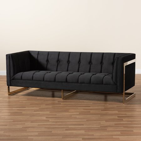 Baxton Studio Ambra Glam and Luxe Black Velvet Upholstered and Button Tufted Sofa with Gold-Tone Frame 195-11714-ZORO